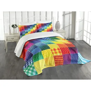 ABAKUHAUS Patchwork Tagesdecke Set, Regenbogen-Retro Patchwork, Set mit Kissenbezügen Waschbar, für Einselbetten 170 x 220 cm, Blau Gelb