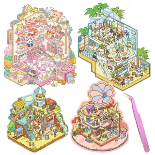 Set mit 4 großen 3D-Aufklebern für das Haus mit Pinzette – Ungiftig und sicher – 3D-Miniaturszene für Kinder und Erwachsene – Anti-Stress-Aufkleber-Szenen – Therapie-Kit