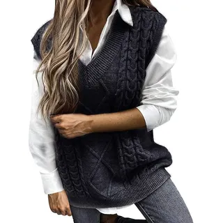 Uposao Pullunder Damen Ärmellos Strickweste V-Ausschnitt Oversize Pullover Damen Strickweste Casual Strick Tank Top Einfarbig Sweater Freizeit Ärmelloser Pullunder Winter Herbst Sweater Vest