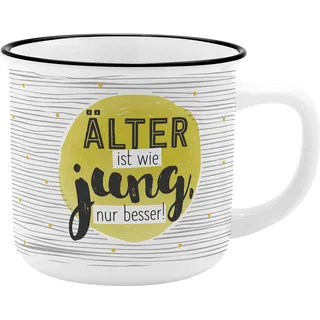 GRUSS & CO Becher Motiv "Älter" | New Bone China Porzellan, Emaille-Optik, 35 cl | Geschenk lustig, Sprüche-Tasse | 47519: Porzellanbecher mit Geschenkbanderole