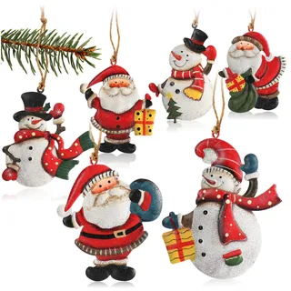 COM-FOUR® 6X Metallanhänger für den Weihnachtsbaum - Christbaumschmuck aus Metall - Weihnachtsdeko mit Schneemann und Weihnachtsmann (6 Stück - Santa + Schneemann - groß)