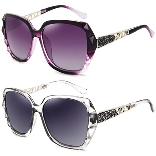 LECKIRUT Sonnenbrille Damen Groß Vintage Polarisiert UV Schutz Klassische Mode Damen Farben Lila & Transparent Grau