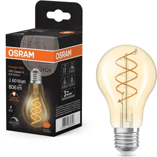 Osram Vintage 1906 Classic ist eine warmweiße, dimmbare LED-Lampe in Kolbenform mit spiralförmigem Filament. Sie bietet 8 W für 806 lm, E27 Fassung, goldfarbenes Glas, 60 mm Durchmesser, 2200 K.