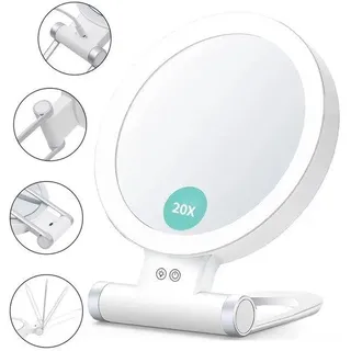 Doppelseitige LED-Makeup-Spiegel, 20-fach Vergrößerung – falten, mit Beleuchtung, USB-Lade-Funktion, geeignet für Wand- oder Büromontage, 360-Grad drehbar.