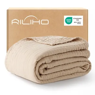 RILIHO musselindecke Adult 152 x 203, 100% Baumwolle, Sommer Decke, atmungsaktive Gaze-Decke alle Jahreszeiten, weich und leicht, Wohndecke Couch Decken, bettdecke, Naturbeige
