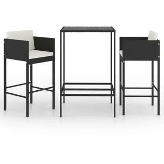 vidaXL 3-tlg. Gartenbar-Set mit Kissen Poly Rattan Schwarz - Schwarz