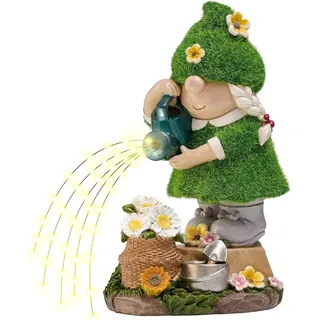 TERESA'S COLLECTIONS Gartenzwerge Gartendeko für Draußen,20cm Wetterfest Figur mit Solarleuchte,Blumenpflücken Gartenfiguren draußen,Gartenwichtel Gartendeko Solar