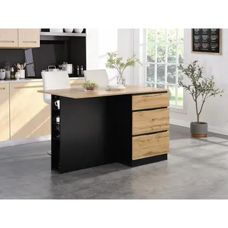 Kücheninsel mit 6 Schubladen & 4 Ablagefächern aus MDF - Holzfarben hell & Schwarz - POMARELA