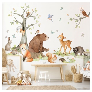 DEKO KINDERZIMMER Wandsticker XXL Waldtiere mit Baum Wandtattoo für Babyzimmer Wandaufkleber Kinderzimmer Wanddeko DK1109-4