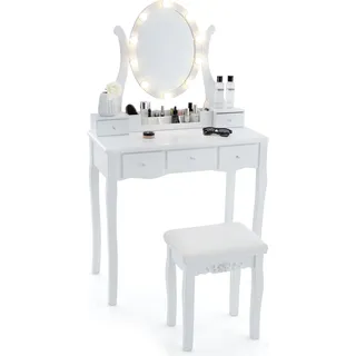 COSTWAY Schminktisch mit LED-Beleuchtung, 3 Farben mit Einstellbarer Helligkeit, Frisiertisch mit Hocker, drehbarem Spiegel, 5 Schubladen & Ablagegitter, Kosmetiktisch, weiß - Weiß