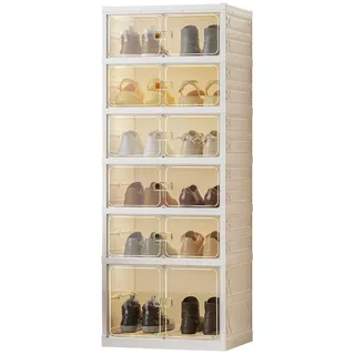 GarveeMore Schuhbox, faltbar, 6 Ebenen, transparent, stapelbar, für Schuhgröße 45, staubdicht, Schuhregal für Kleiderschrank, 12 Paar