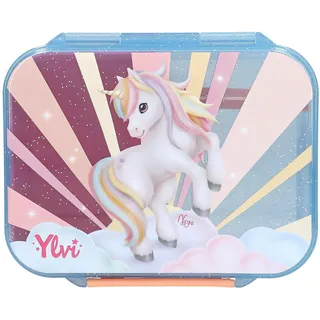 Ylvi Sugar Pop - Brotdose in Bonbon Farben, mit Einhorn Motiv, Lunchbox mit 3 Fächern und Klappdeckel
