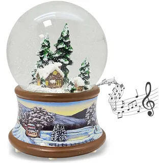 Schneekugel Weihnachten Musik | Hüttenzauber Berghütte Winterhütte | Sockel nostalgische Winterlandschaft braun | Winter mit Spieluhr Stille Nacht | H: 14 cm B 10 cm | 20337