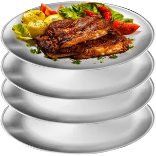 WANDGU Edelstahl Rundes Geschirr: 4 Stück 23cm Unterteller Edelstahl Teller, Edelstahl Abendessen Geschirr Teller Set, Stabile Edelstahl Teller für Camping Picknick, Wandern, Küche, Party