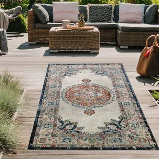 Teppich-Traum In- & Outdoor Teppich Vintage Blumen Rot Orange 80x150 cm | Pflegeleicht, schmutzabweisend, farbecht und strapazierfähig, seitlich gekettelt, für Balkon, Terrasse, Garten und Flur