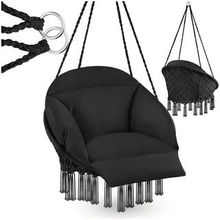 tectake® Hängesessel, Hängeschaukel mit dicken Kissen & Quasten, Boho Hängekorb Ø 80 cm, Hängesessel mit Gestell für Garten, Balkon und Wohnzimmer, Nestschaukel Outdoor & Indoor, Gartenstuhl - schwarz