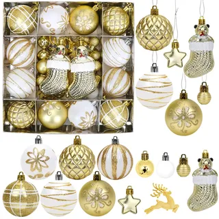 Weihnachtskugeln Gold Weiß, 44pcs Christbaumkugeln Set 6cm, Weihnachtsbaumkugeln Goldene Weiss Kunststoff mit Anhänger für Christbaumschmuck Weihnachtsdeko Weiß Gold