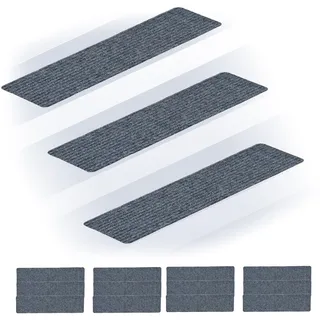 Relaxdays Stufenmatten 16er Set, rechteckige Treppenstufenmatten, 75 x 20 cm, selbsthaftende Treppenteppiche, hellgrau
