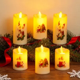 SPERMUOY Weihnachtsdeko LED Kerzen,6 Stück weihnachtskerzen Flammenlose LED Kerzen mit Weihnachtsmann Muster,Weihnachtsdeko Kerzen Weihnachten LED Teelichter für Weihnachtsdeko