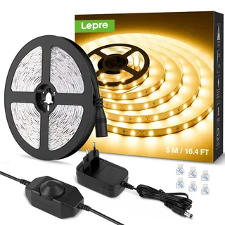Lepro LED Strip 5M, Warmweiß 3000K Dimmbar, 300 LEDs, 12V Selbstklebend, IP20 Band, Flexible DIY Leiste, Lichtband Kette Mit Netzteil für Innen Küche Dekoration