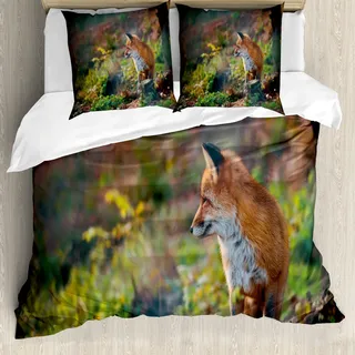ABAKUHAUS Fuchs Bettbezug, Junge Wilde Fox in Woodland, Milbensicher Allergiker geeignet mit Kissenbezügen, 200 cm x 200 cm - 80 x 80 cm, Pale Brown Weiß Grün