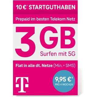 Telekom MagentaMobil Prepaid M SIM-Karte ohne Vertragsbindung, 5G inklusive I + 3 GB & Allnet Flat (Min, SMS) in alle dt. Netze & EU-Roaming I 10EUR Startguthaben