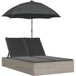 vidaXL Doppel-Sonnenliege mit Kissen & Schirm Hellgrau Poly Rattan - Grau