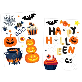 Folat 23867 - Happy Halloween Booo! - Fensteraufkleber Dekoration Figuren Geist, Kürbis, Katze, Hexe, Fledermaus Schwarz, Orange, Gold fur Halloween Party Deko Kinder