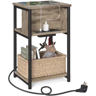 VASAGLE Beistelltisch, Nachttisch mit Steckdose, schmal, 2 AC-Anschlüsse, 2 USB-Anschlüsse, 30 x 34 x 58 cm, für Wohnzimmer, Schlafzimmer, haselnussbraun-schwarz LET375K01