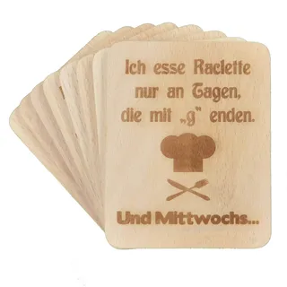 8 Stück Raclette Untersetzer mit Lasergravur"Ich esse Raclette." aus Buchenholz, 100x80x7mm