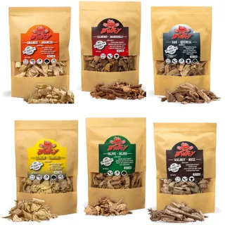 6 x Grill Räucherchips Pack - BBQ Räucherholz - Olive, Orange, Mandel, Zitronen, Walnuss und Eiche Räucherholz | Edle Holzmischung | Räucher Chunks (6x1000 ml)