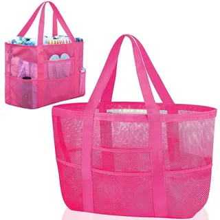 UptVin Große Netz Strandtasche Damen, Mesh Badetasche Netztasche für Sandspielzeug, Strand Tasche XXL Familie, Faltbare Handtaschen mit Taschen, für Strand Reisen Einkaufen Picknick und Alltag (Rot)