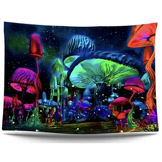 Ulticool – Pilze Sterne - Glow in the Dark Wandteppich - Schwarzlicht under UV Reaktive Bright Black Neon Light - Blacklight Psychedelisch im Dunkeln Leuchtende Wandtuch - 200 x 150 cm Groß
