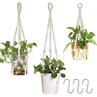 AceList Makramee Blumenampel 3er Set – Katzenfreundlich Ohne Quasten – Jute-Baumwolle Pflanzenhänger für Fenster&Innen, Montage ohne Bohren (inkl. 3 S-Haken), Passend für Ø 10-20 cm Töpfe, Boho Creme