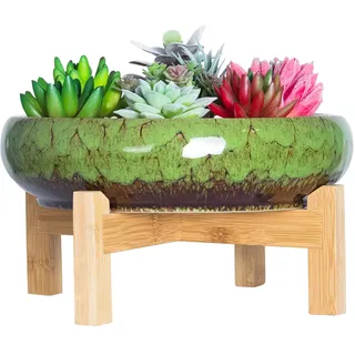 ARTKETTY Große runde saftige Pflanzgefäß mit Ständer, Vintage Keramik glasierte Bonsai Topf mit Mess Drainage Bildschirm, dekorative Garten Moderne Kaktusblume Pflanzgefäß Behälter Schüssel (Green)