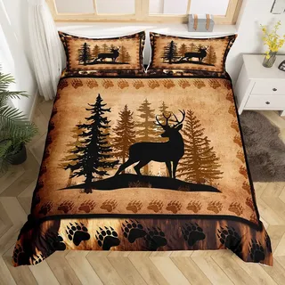 Loussiesd Netter Hirsch Bettwäsche Set 135x200cm für Mädchen Jungen Kinder Natur Wald Hirsch Jagd Bettbezug Set Raum Dekorative Rustikale Bär Pfote Druck Betten Set Deer Muster