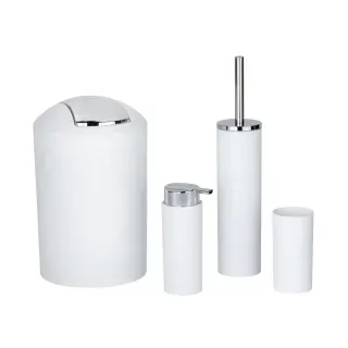WENKO Calvo Bad-Accessoire-Set Kunststoff 4-teilig, Chrom-Details, Set besteht aus Kosmetikeimer, WC-Garnitur, Seifenspender und Zahnputzbecher, 1 Set, Farbe: weiß/chrom