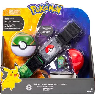 Pokémon Clip’n Carry Gürtel - Bisasam (4 cm) - Verstellbarer Gürtel mit 2 Pokébällen, Perfekt für Pokémon-Trainer, Offiziell Lizenziert