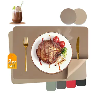 HELI MIAO Tischsets Abwaschbar,Platzsets Abwischbar, Leder,Hitzebeständig Doppelseitigen I 2er Set Platzdeckchen Lederoptik mit Untersetzer,Tischuntersetzer rutschfest,braun+Tan