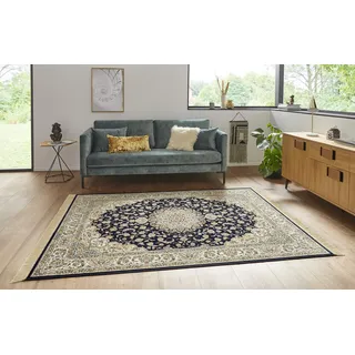 HANSE HOME Nouristan Naveh Orient, Teppich – Wohnzimmerteppich Orientalisch mit Fransen, Vintage Orientalischer Samt-Teppich für Esszimmer, Wohnzimmer, Schlafzimmer, – Dunkelblau creme), 135x195cm