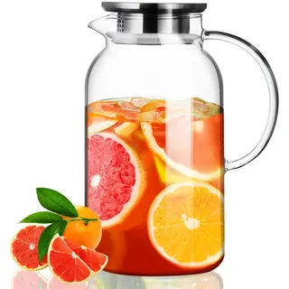 PARACITY Wasserkrug mit Silikonboden, 1,8 Liter Fassungsvermögen, hitze- und kältebeständige Glaskanne mit Deckel und Griff, Glaskaraffe mit Deckel für Kaffee, Saft, Limonade und Milch