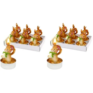 Dekohelden24 - Oster-Teelichte - Teelicht-Kerze als Osterhase mit Osterei im 6er Set, Braun, Maße je Teelicht ca. 4,5 x 6 cm. (Packung mit 2)