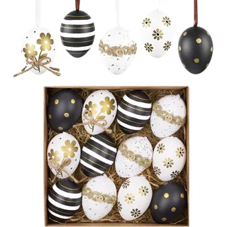 Valery Madelyn 12er Ostereier zum Aufhängen für Osterdeko,6cm Modern Plastikeier für Ostern Deko,Schwarz Gold Weiß Ornament für Osterkörbchen Frühlingsdeko,Ostern Geschenke Kinder