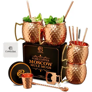 Copper-Bar Moscow Mule Kupferbecher | 4er-Set gehämmerter Becher | 100% HANDGEFERTIGT aus reinem Kupfer | Geschenkset mit Cocktailstrohhalmen, Schnapsglas, Untersetzern, Kupferrührer und Flaschenöffn