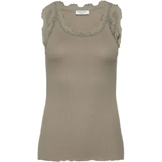 Spitzentop ROSEMUNDE "Babette Silk Top", Damen, Gr. M, grün (khaki), Feinstrick, Obermaterial: 70% Seide, 30% Baumwolle, unifarben, körpernah hüftbedeckend, Rundhals, Tops Spitzentop, Vintage-Spitzenbesatz, mit Rundhalsausschnitt, hoher Seidenanteil