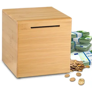 Wuhonghao Spardose Holz Personalisiert Groß,Holzspardose Kinder Bambus mit Schloss,XXL Sparschwein Personalisierte für Erwachsene,Taufgeschenke-Sparbox für Jungen/Mädchen, (15×15cm)