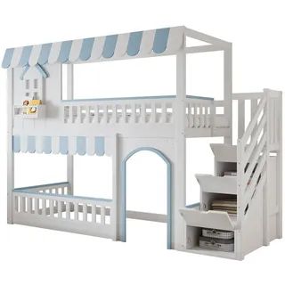 Redom Etagenbett 90/200 cm mit Treppenregal, Schutzgittern und Stauraum, Kiefer/MDF, Weiß/Blau , Holz , 90x200 cm , Babymöbel & Kindermöbel, Kinderzimmer & Jugendzimmer, Stockbetten