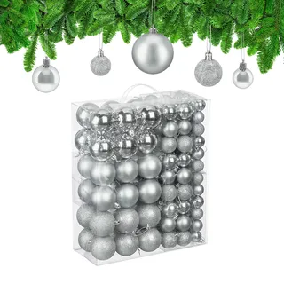 Relaxdays Weihnachtskugeln im 138er Set, Kunststoff, glitzernde, Matte, glänzende Baumkugeln, Christbaumschmuck, Silber