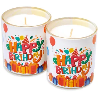 Candelo 2er Set hochwertige Geburtstagskerzen – Happy Birthday Kerze – 8 x 7cm - 30 Std Brenndauer – Windlicht ohne Duft Geburtstag Glaskerze - Kindergeburtstag Dekoration