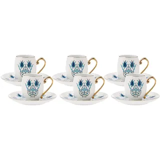 Karaca Iznik Kaffeeservice für 6 Personen -12 teilig, Traditional Türkisch Kaffeetassen Set mit Untertassen, Espressotassen, Mochatassen Set aus Porzellan, Cappuccino